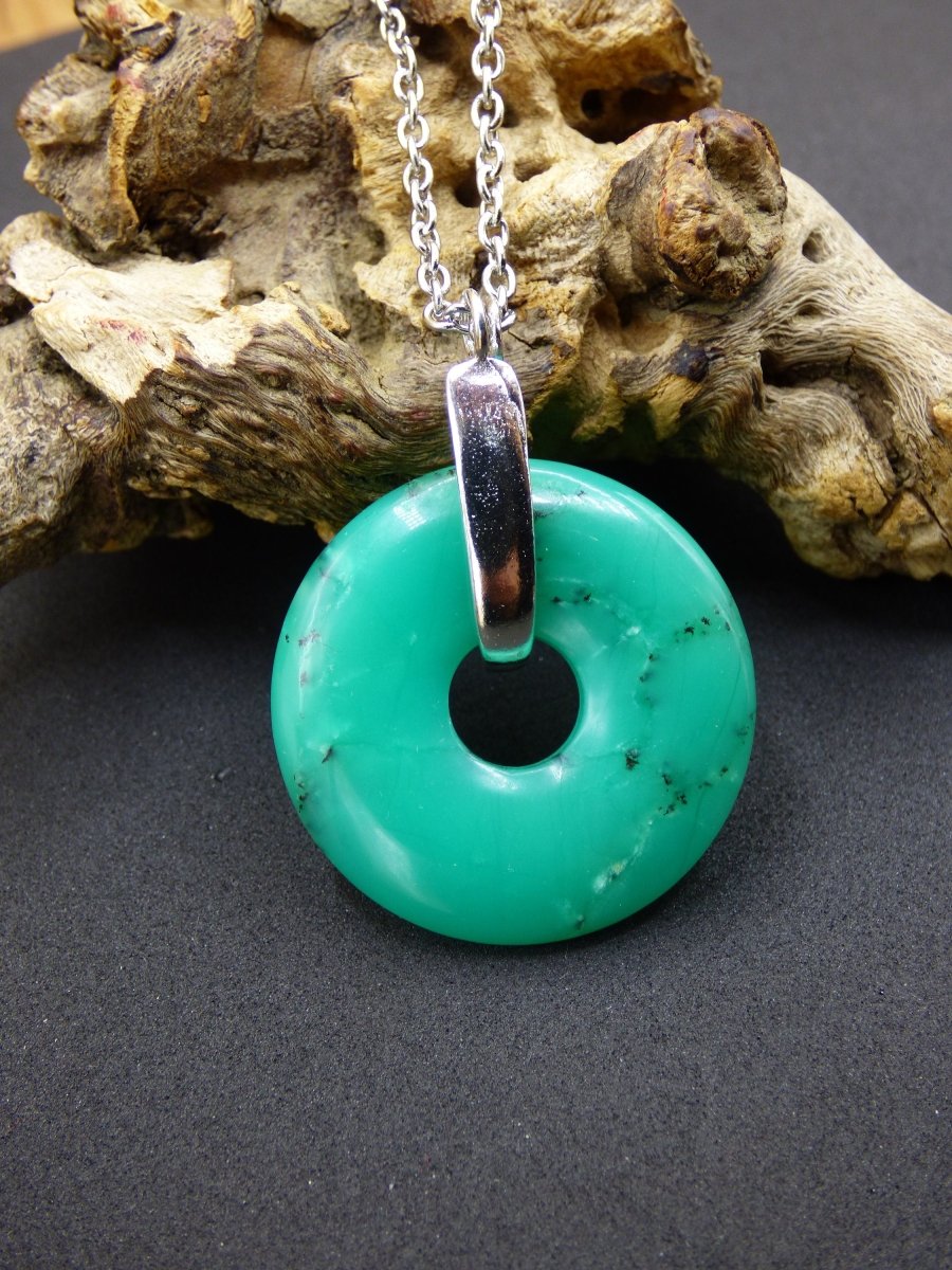 Chrysoprase ~ 925 Sterling Silber Edelstein Kette HIPPIE GOA Boho Ethno Natur Donut Schutzsymbol Heilstein Rarität grün Anhänger rund - Art of Nature Berlin