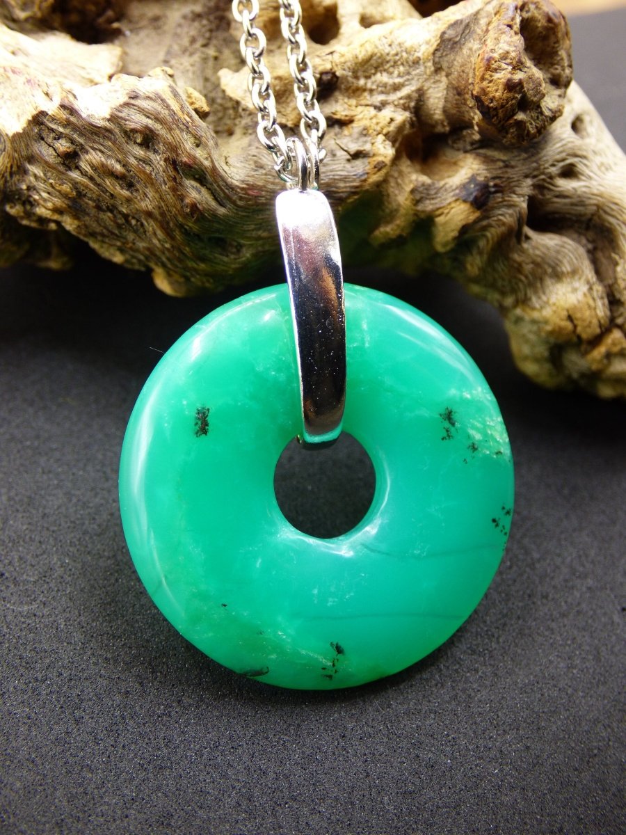 Chrysoprase ~ 925 Sterling Silber Edelstein Kette HIPPIE GOA Boho Ethno Natur Donut Schutzsymbol Heilstein Rarität grün Anhänger rund - Art of Nature Berlin