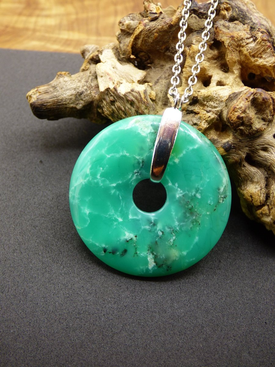 Chrysoprase ~ 925 Sterling Silber Edelstein Kette HIPPIE GOA Boho Ethno Natur Donut Schutzsymbol Heilstein Rarität grün Anhänger rund - Art of Nature Berlin