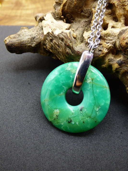 Chrysoprase ~ 925 Sterling Silber Edelstein Kette HIPPIE GOA Boho Ethno Natur Donut Schutzsymbol Heilstein Rarität grün Anhänger rund - Art of Nature Berlin