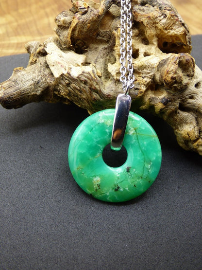 Chrysoprase ~ 925 Sterling Silber Edelstein Kette HIPPIE GOA Boho Ethno Natur Donut Schutzsymbol Heilstein Rarität grün Anhänger rund - Art of Nature Berlin