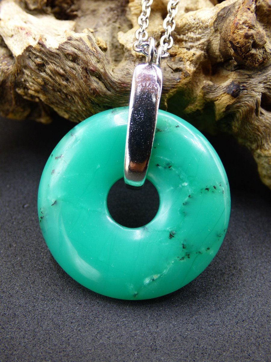 Chrysoprase ~ 925 Sterling Silber Edelstein Kette HIPPIE GOA Boho Ethno Natur Donut Schutzsymbol Heilstein Rarität grün Anhänger rund - Art of Nature Berlin