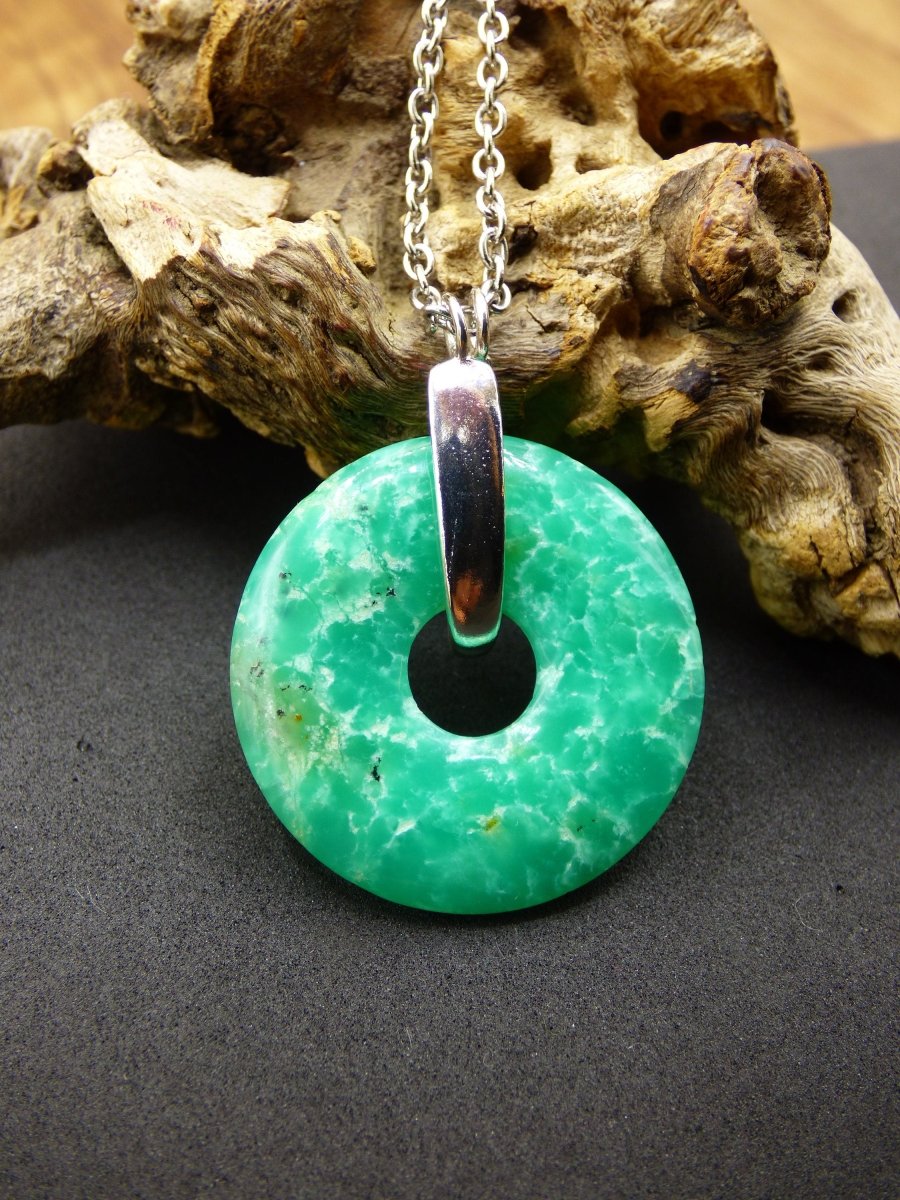 Chrysoprase ~ 925 Sterling Silber Edelstein Kette HIPPIE GOA Boho Ethno Natur Donut Schutzsymbol Heilstein Rarität grün Anhänger rund - Art of Nature Berlin