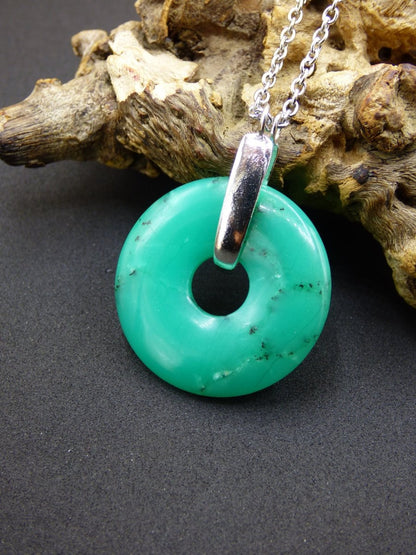 Chrysoprase ~ 925 Sterling Silber Edelstein Kette HIPPIE GOA Boho Ethno Natur Donut Schutzsymbol Heilstein Rarität grün Anhänger rund - Art of Nature Berlin