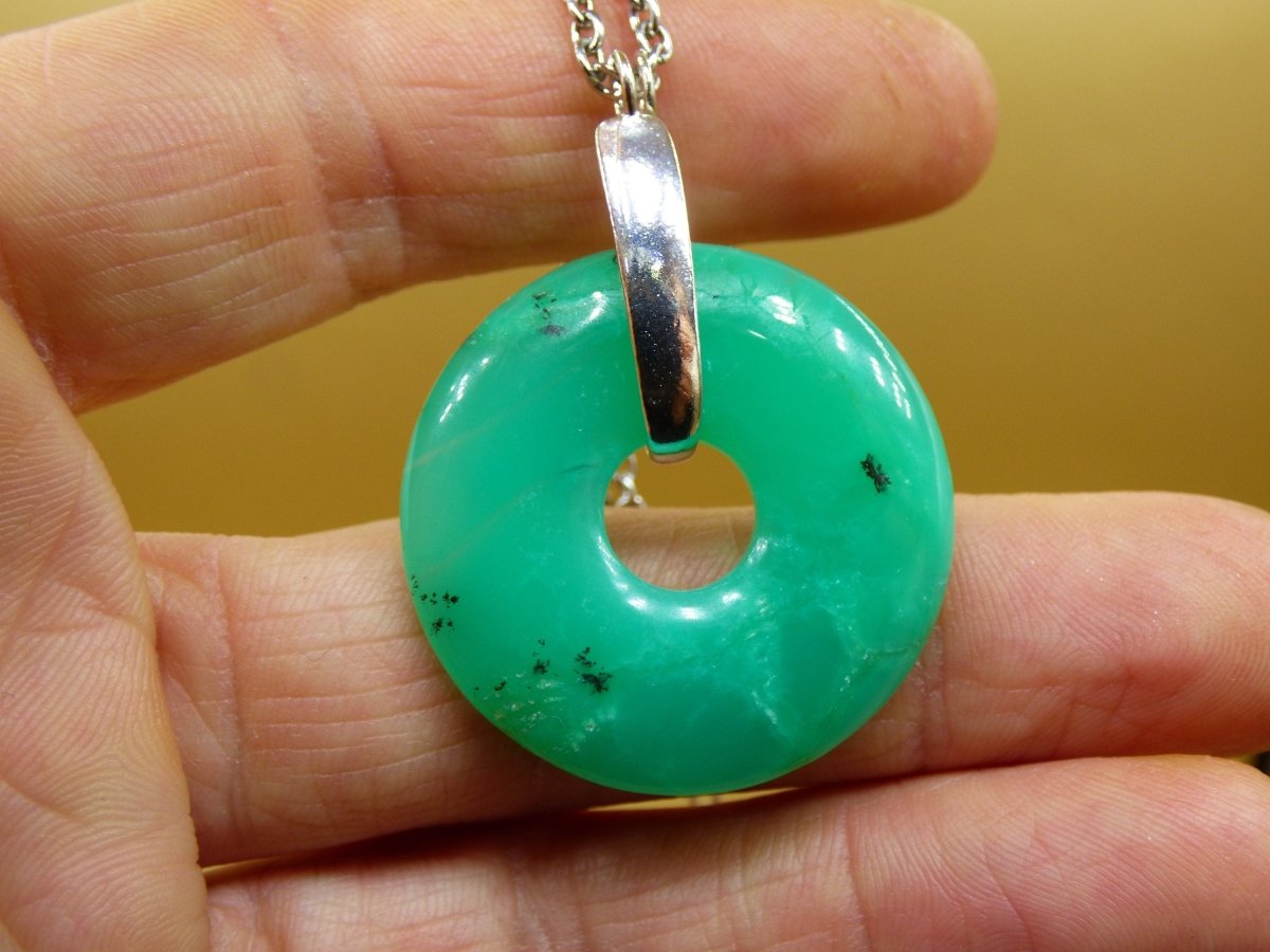 Chrysoprase ~ 925 Sterling Silber Edelstein Kette HIPPIE GOA Boho Ethno Natur Donut Schutzsymbol Heilstein Rarität grün Anhänger rund - Art of Nature Berlin