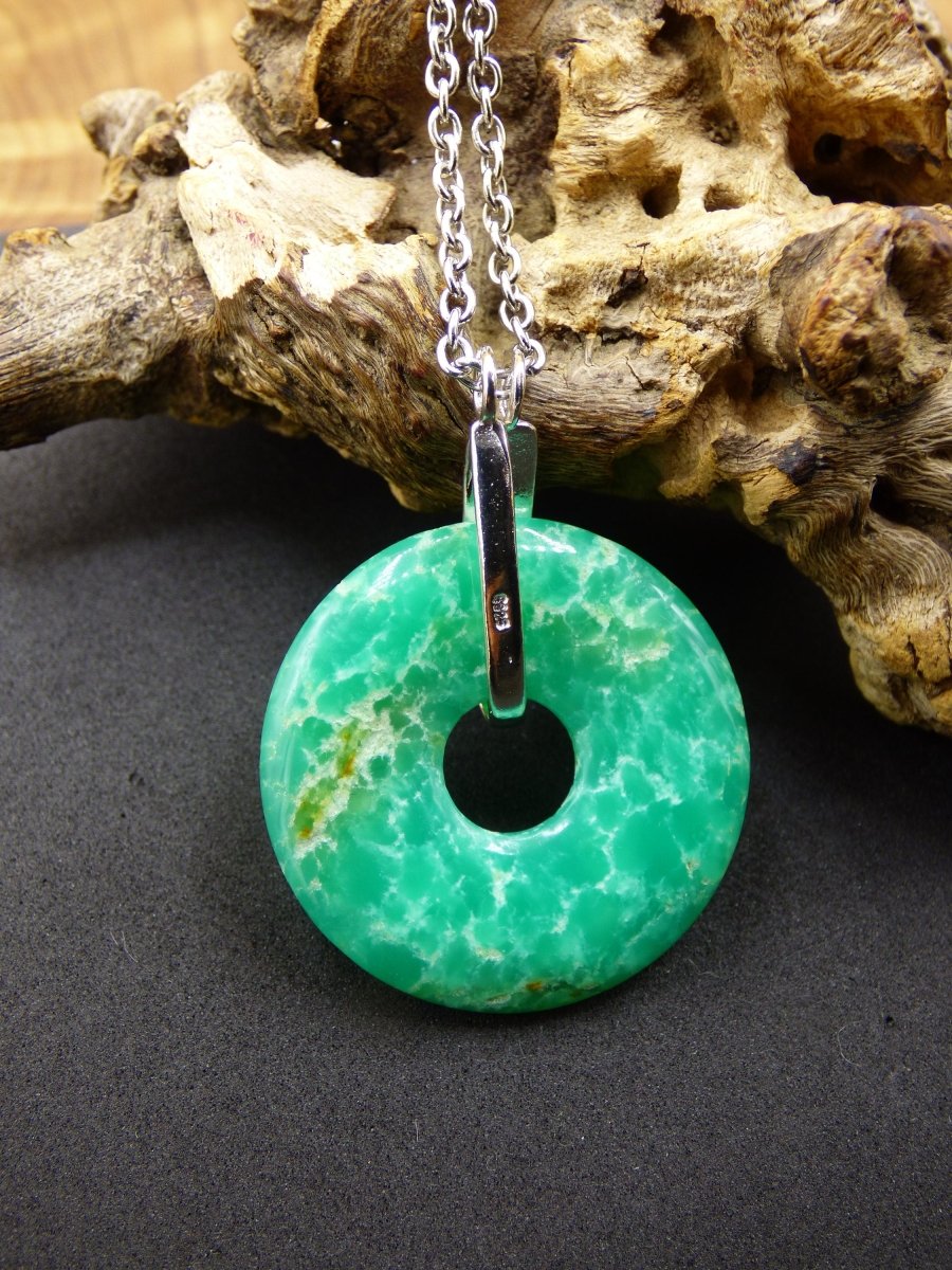 Chrysoprase ~ 925 Sterling Silber Edelstein Kette HIPPIE GOA Boho Ethno Natur Donut Schutzsymbol Heilstein Rarität grün Anhänger rund - Art of Nature Berlin