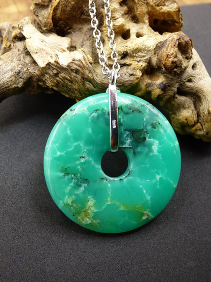 Chrysoprase ~ 925 Sterling Silber Edelstein Kette HIPPIE GOA Boho Ethno Natur Donut Schutzsymbol Heilstein Rarität grün Anhänger rund - Art of Nature Berlin