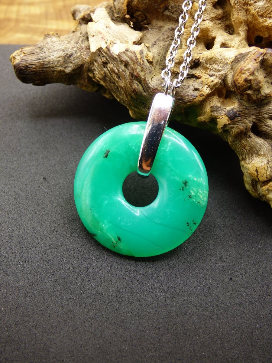 Chrysoprase ~ 925 Sterling Silber Edelstein Kette HIPPIE GOA Boho Ethno Natur Donut Schutzsymbol Heilstein Rarität grün Anhänger rund - Art of Nature Berlin