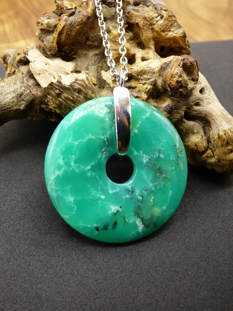 Chrysoprase ~ 925 Sterling Silber Edelstein Kette HIPPIE GOA Boho Ethno Natur Donut Schutzsymbol Heilstein Rarität grün Anhänger rund - Art of Nature Berlin