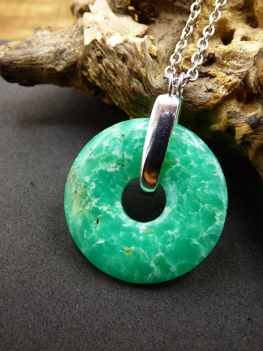 Chrysoprase ~ 925 Sterling Silber Edelstein Kette HIPPIE GOA Boho Ethno Natur Donut Schutzsymbol Heilstein Rarität grün Anhänger rund - Art of Nature Berlin