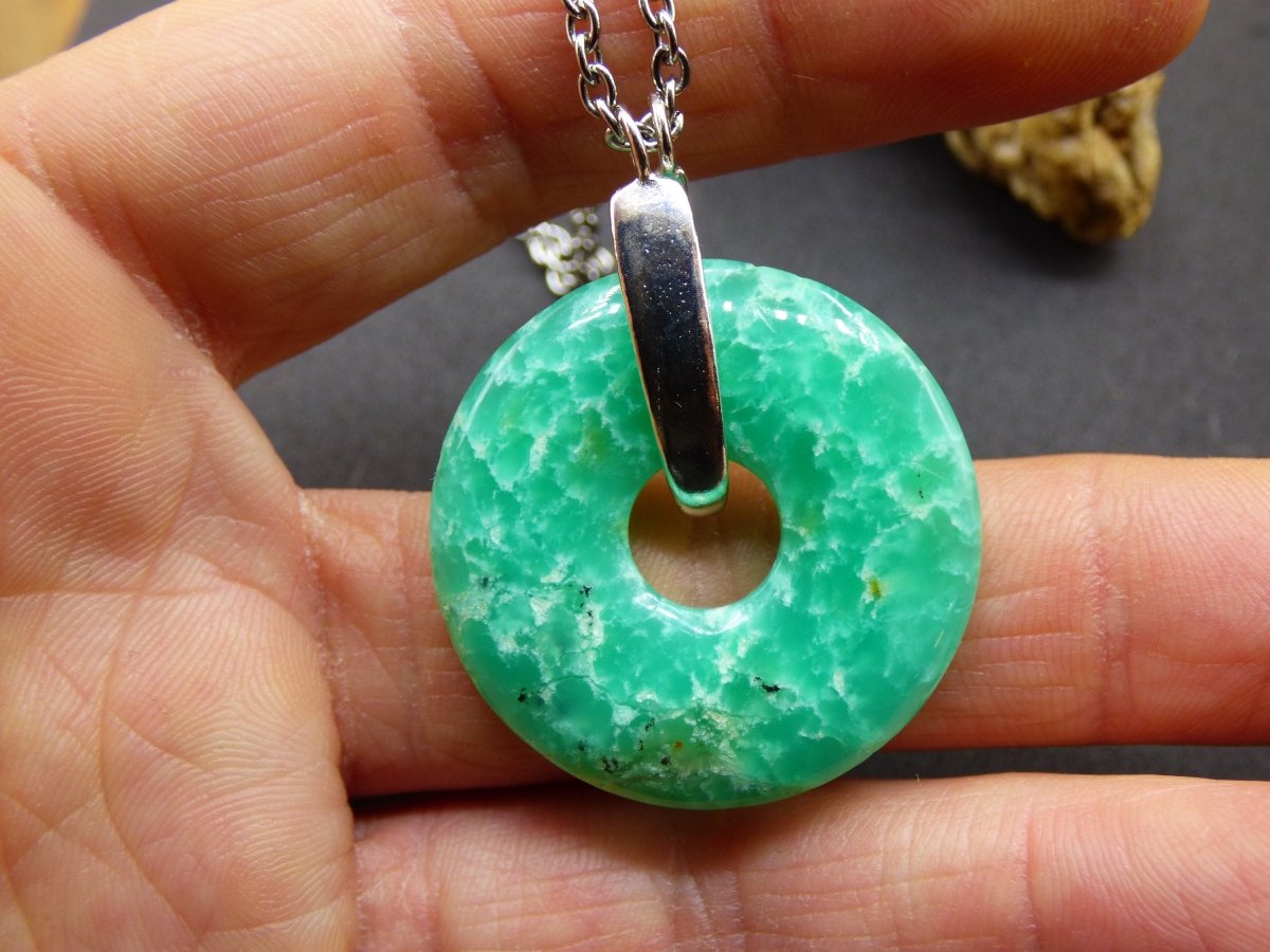 Chrysoprase ~ 925 Sterling Silber Edelstein Kette HIPPIE GOA Boho Ethno Natur Donut Schutzsymbol Heilstein Rarität grün Anhänger rund - Art of Nature Berlin