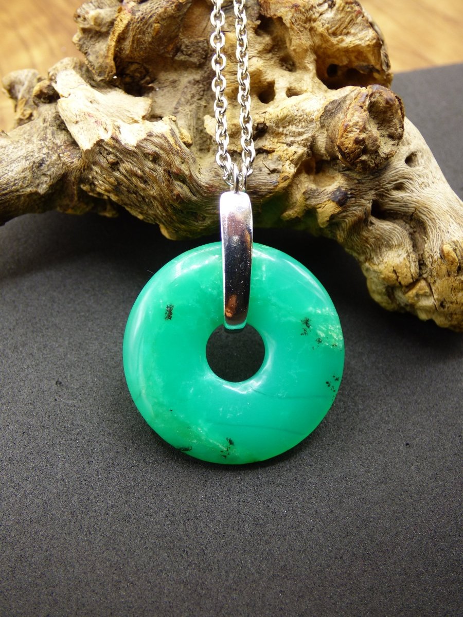 Chrysoprase ~ 925 Sterling Silber Edelstein Kette HIPPIE GOA Boho Ethno Natur Donut Schutzsymbol Heilstein Rarität grün Anhänger rund - Art of Nature Berlin