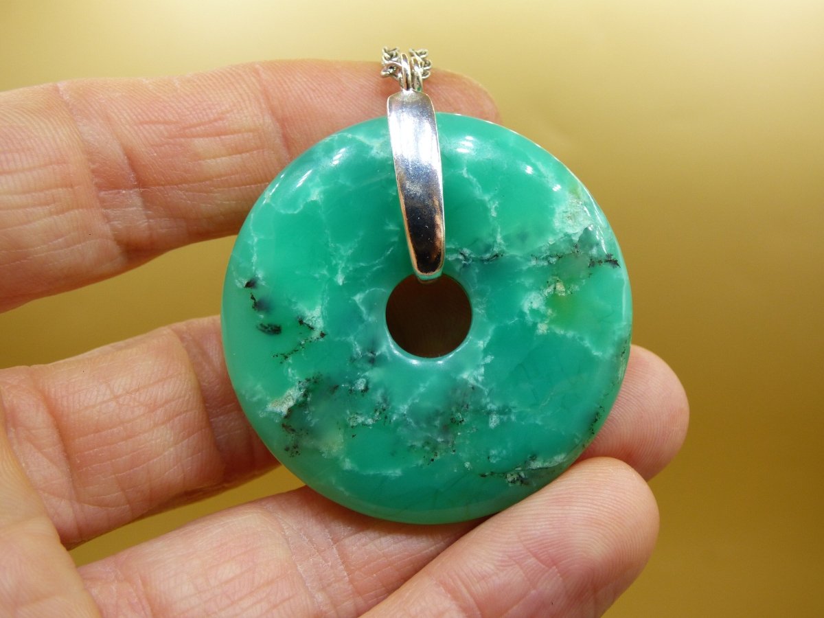 Chrysoprase ~ 925 Sterling Silber Edelstein Kette HIPPIE GOA Boho Ethno Natur Donut Schutzsymbol Heilstein Rarität grün Anhänger rund - Art of Nature Berlin