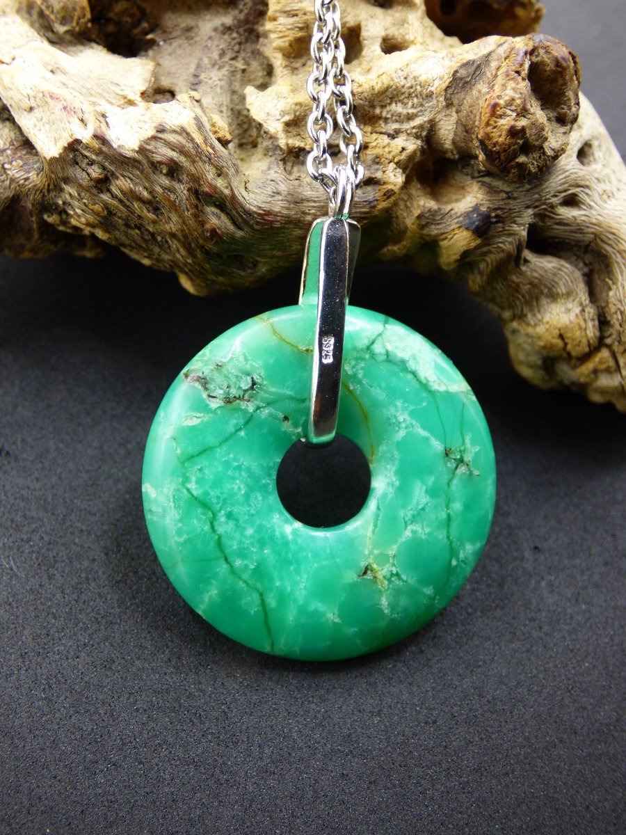 Chrysoprase ~ 925 Sterling Silber Edelstein Kette HIPPIE GOA Boho Ethno Natur Donut Schutzsymbol Heilstein Rarität grün Anhänger rund - Art of Nature Berlin