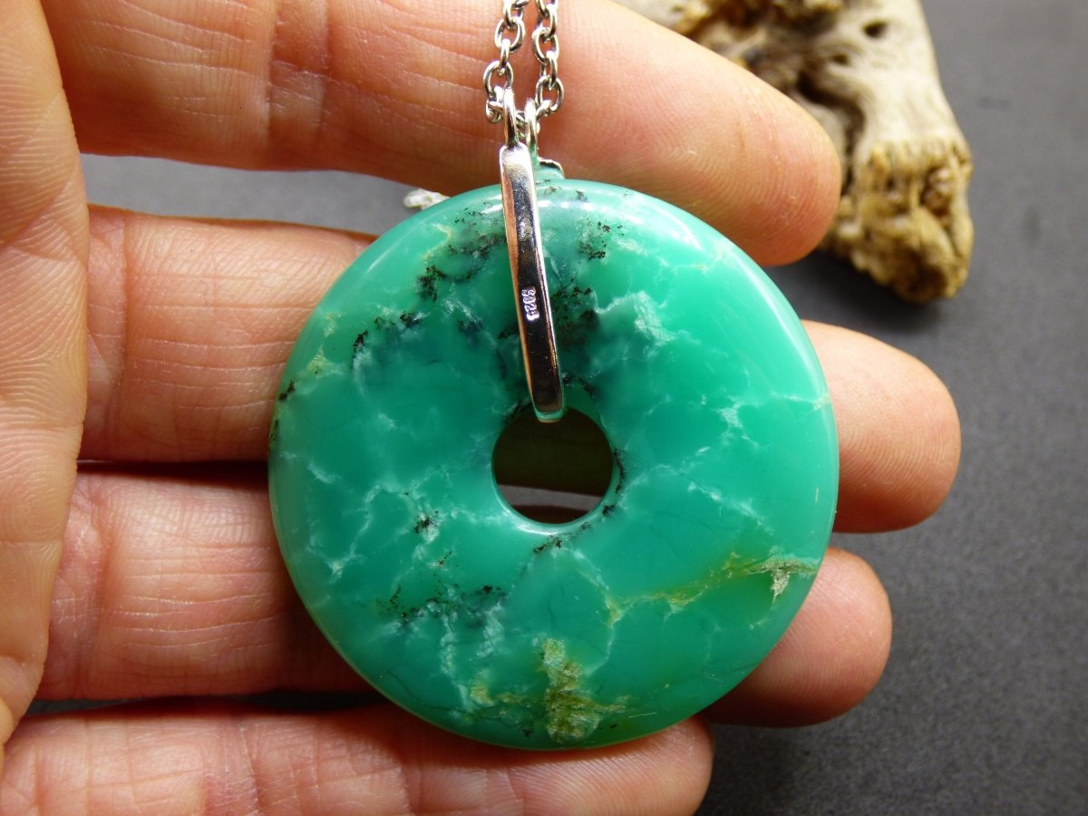 Chrysoprase ~ 925 Sterling Silber Edelstein Kette HIPPIE GOA Boho Ethno Natur Donut Schutzsymbol Heilstein Rarität grün Anhänger rund - Art of Nature Berlin