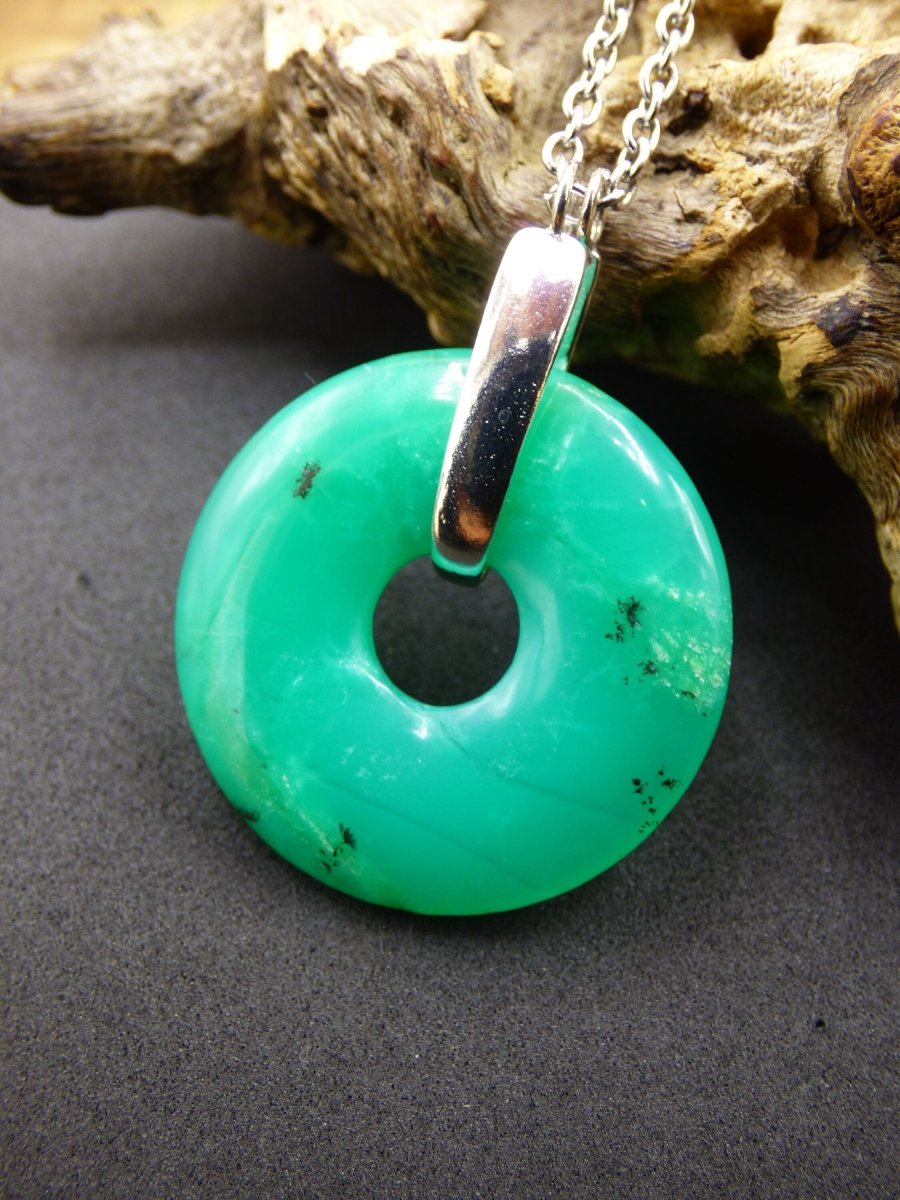 Chrysoprase ~ 925 Sterling Silber Edelstein Kette HIPPIE GOA Boho Ethno Natur Donut Schutzsymbol Heilstein Rarität grün Anhänger rund - Art of Nature Berlin