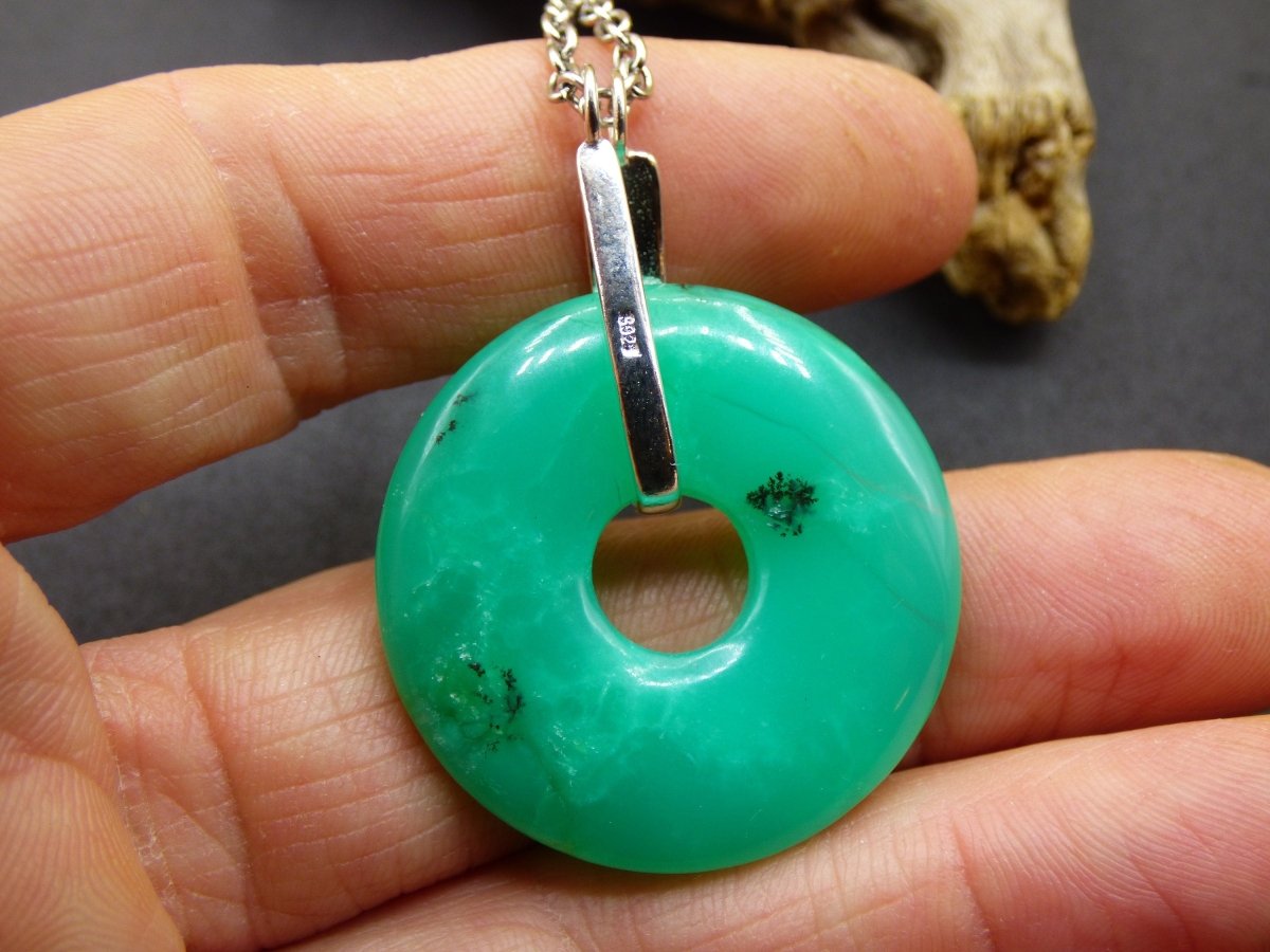 Chrysoprase ~ 925 Sterling Silber Edelstein Kette HIPPIE GOA Boho Ethno Natur Donut Schutzsymbol Heilstein Rarität grün Anhänger rund - Art of Nature Berlin