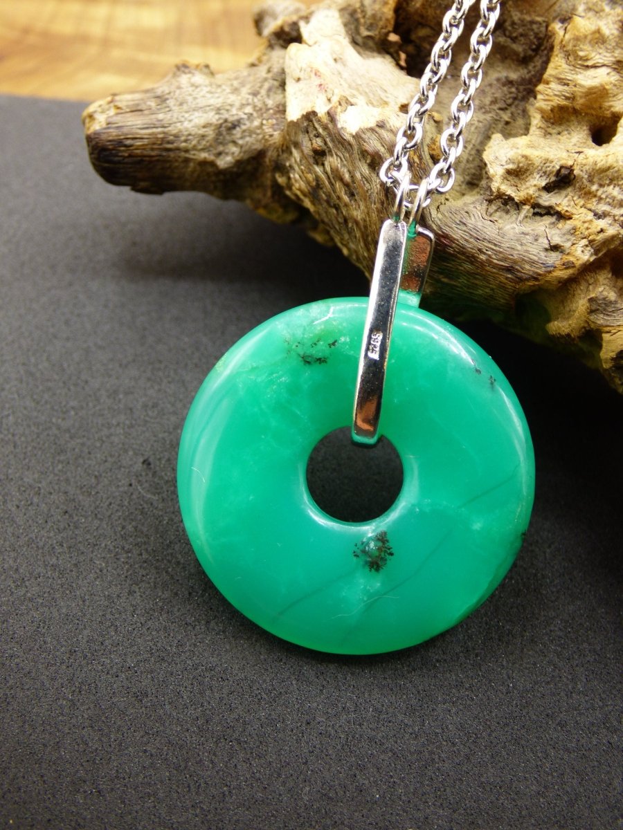 Chrysoprase ~ 925 Sterling Silber Edelstein Kette HIPPIE GOA Boho Ethno Natur Donut Schutzsymbol Heilstein Rarität grün Anhänger rund - Art of Nature Berlin