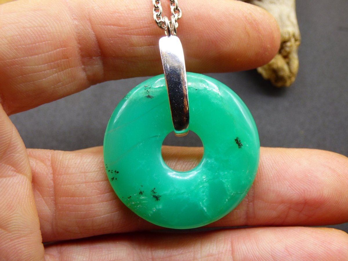 Chrysoprase ~ 925 Sterling Silber Edelstein Kette HIPPIE GOA Boho Ethno Natur Donut Schutzsymbol Heilstein Rarität grün Anhänger rund - Art of Nature Berlin