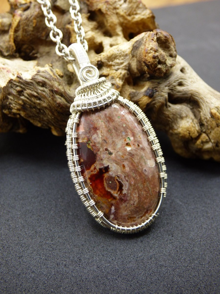 Feuer Opal aus Mexiko ~ Wire Edelstein Kette mit Kupfer Silber Draht ~HIPPIE GOA Boho Ethno Heilstein Energy Chakra Spirale Rot Stein - Art of Nature Berlin